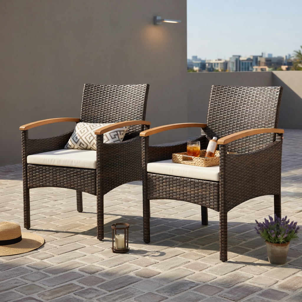 Hommoo Acacia Wood & PE Rattan Patio Dining Chairs Set of 2, Heavy-Duty Metal Frame, Ergonomic Design for Backyard, Poolside & Balcony, Off-White
