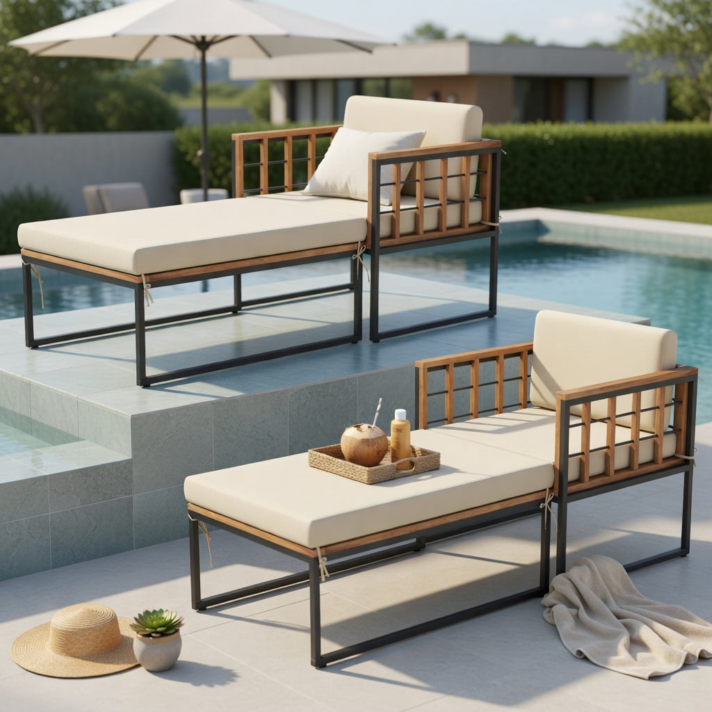 Hommoo Acacia Wood Patio Armchair Set with Matching Ottoman & Removable Cushions, Outdoor Lounge Chair for Backyard, Poolside, Balcony, Brown