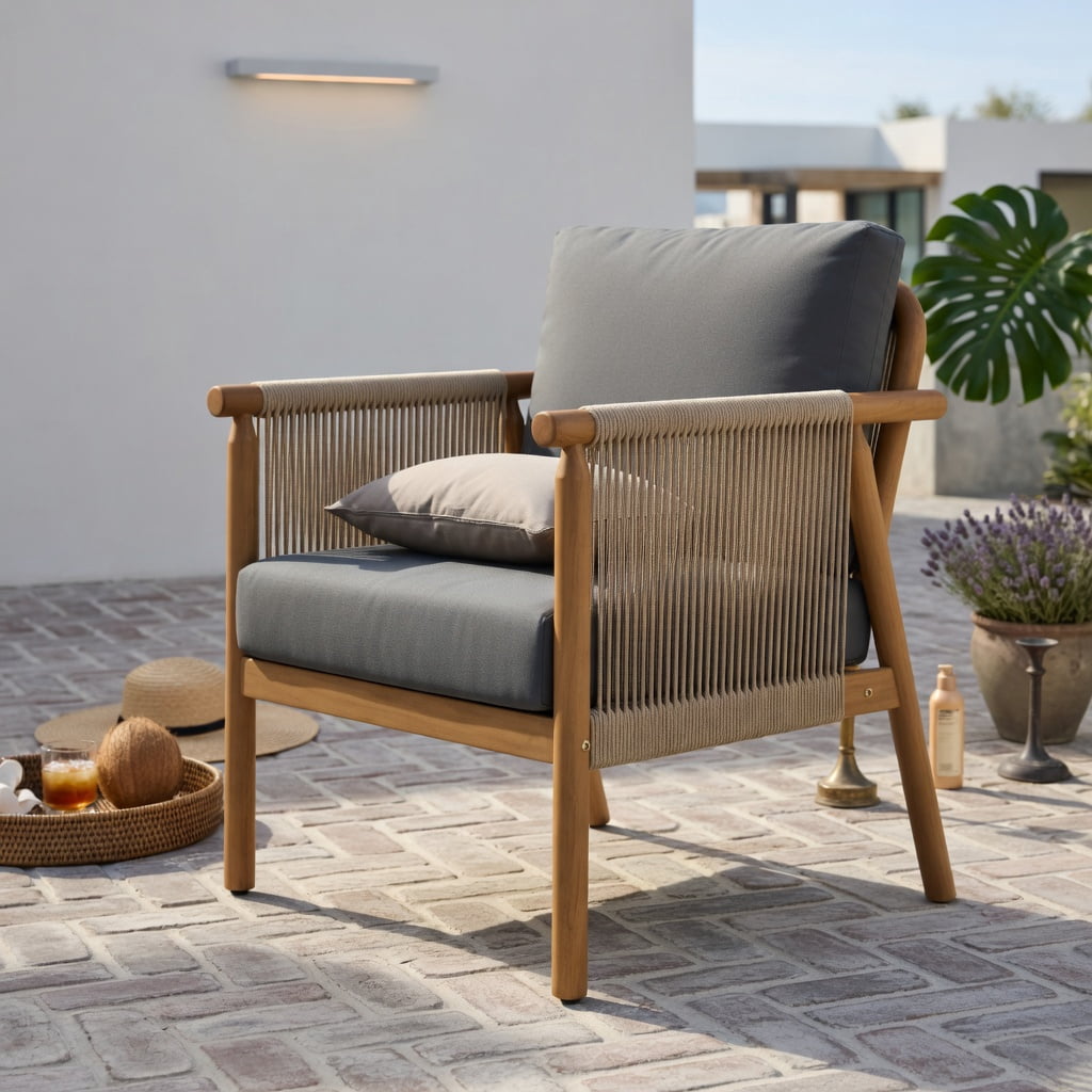 Hommoo Acacia Wood Patio Chair with Woven Rope Armrests, Ergonomic Outdoor Dining Chair for Backyard, Balcony, Porch, Gray