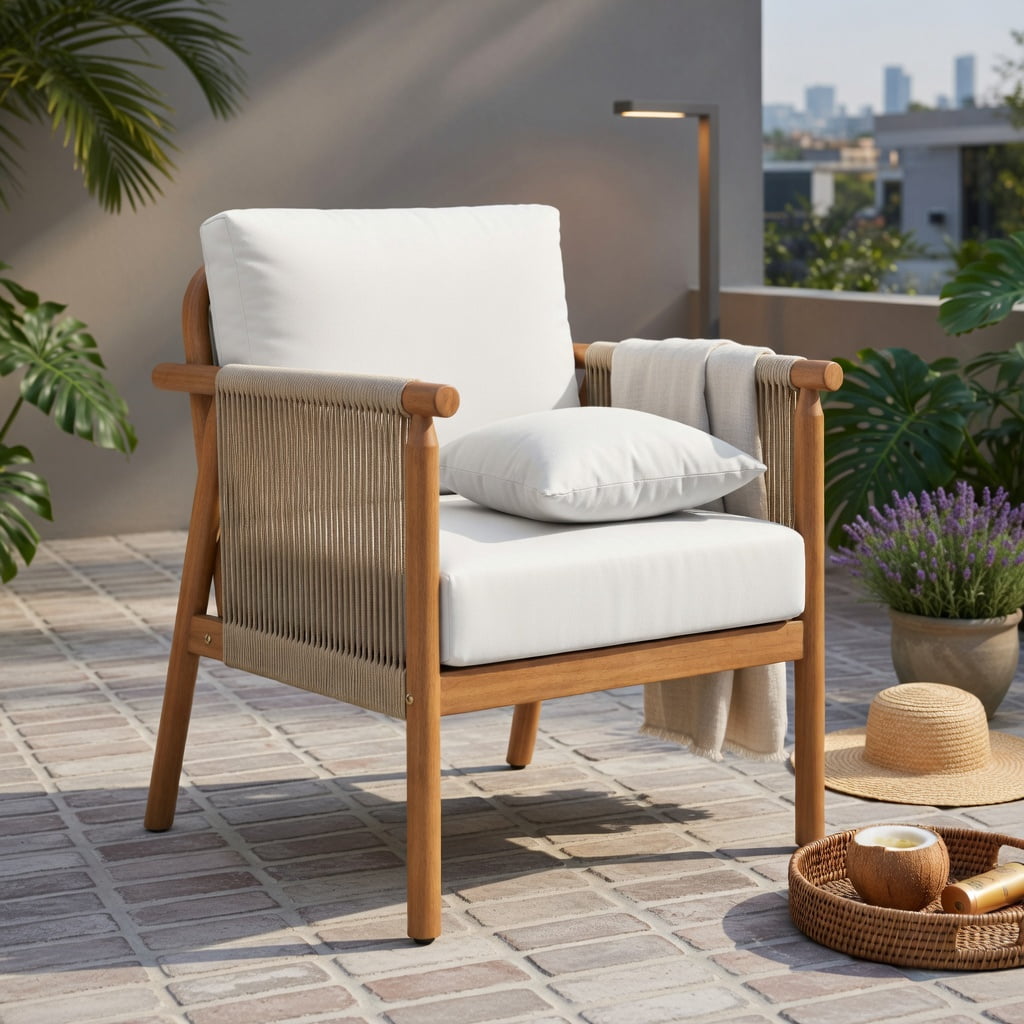 Hommoo Acacia Wood Patio Chair with Woven Rope Armrests, Outdoor Dining Chair for Backyard, Balcony, Porch, Ergonomic 106° Recline, White