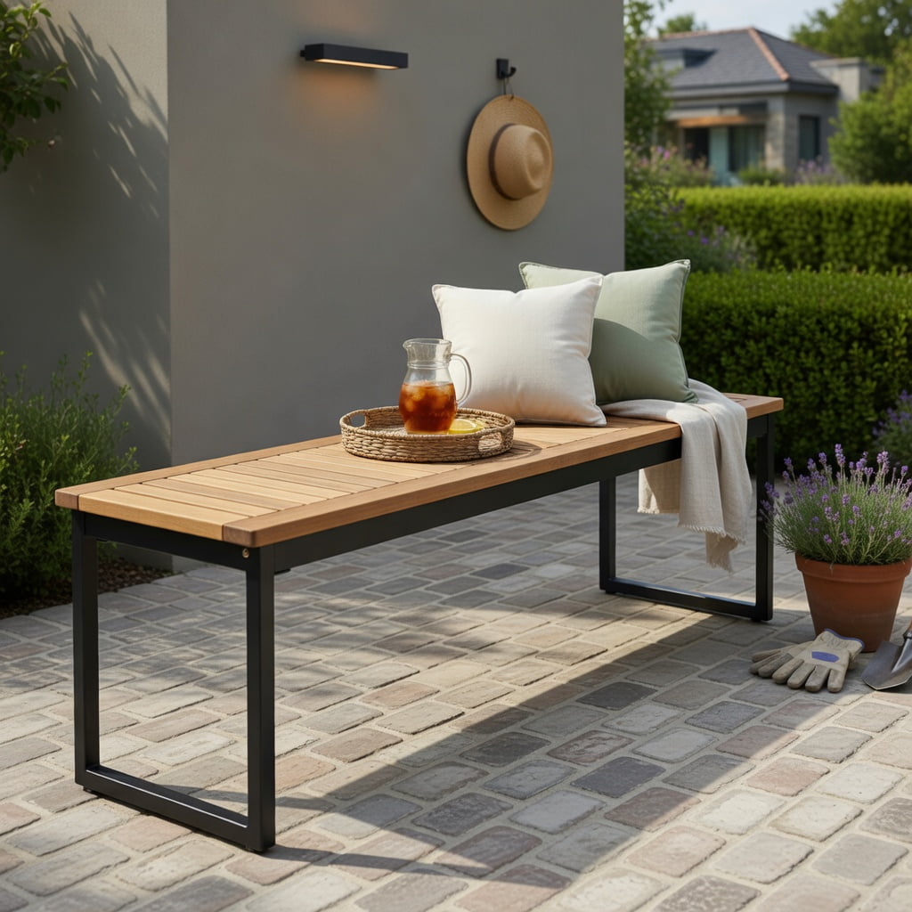 Hommoo Acacia Wood Patio Dining Bench, Backless Outdoor Bench with Slatted Seat, Powder-Coated Metal Legs, Indoor/Outdoor Use, Natural