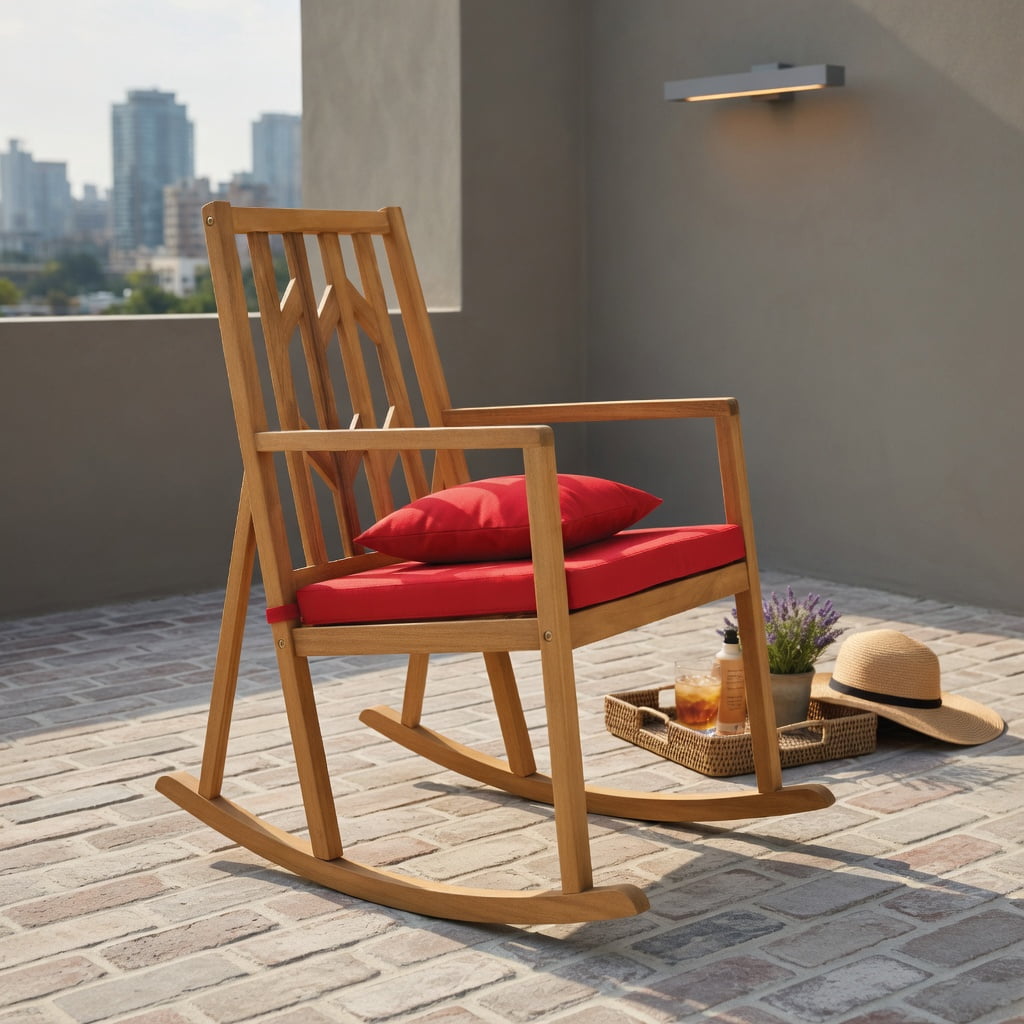 Hommoo Acacia Wood Patio Rocking Chair Sofa with Removable Cushion, Natural Wood Frame, Outdoor Garden & Deck Seating for Backyard, Poolside, Porch, Red