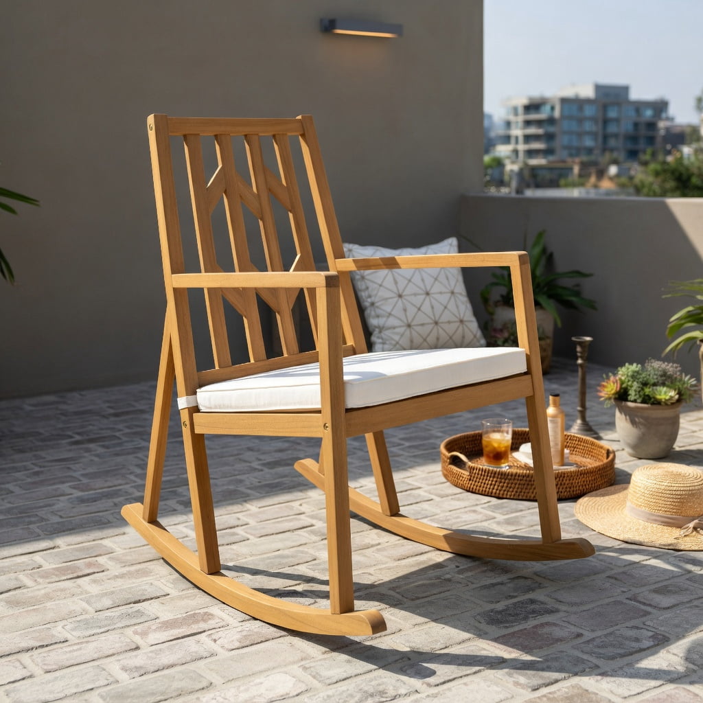 Hommoo Acacia Wood Patio Rocking Chair Sofa with Removable Cushion, Natural Wood Frame, Outdoor Garden & Deck Seating for Backyard, Poolside, Porch, White