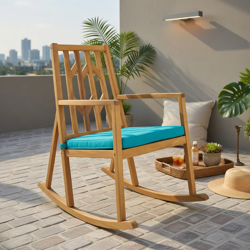 Hommoo Acacia Wood Patio Rocking Chair Sofa with Removable Turquoise Cushion, Outdoor Garden & Deck Rocker for Backyard, Poolside, or Porch, Turquoise