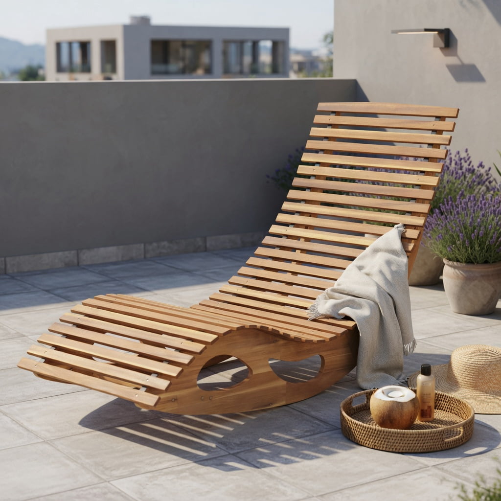 Hommoo Acacia Wood Rocking Chaise Lounge Chair, Ergonomic Curved Seat, Breathable Slatted Design, Outdoor Sun Lounger for Patio, Poolside & Backyard, Natural