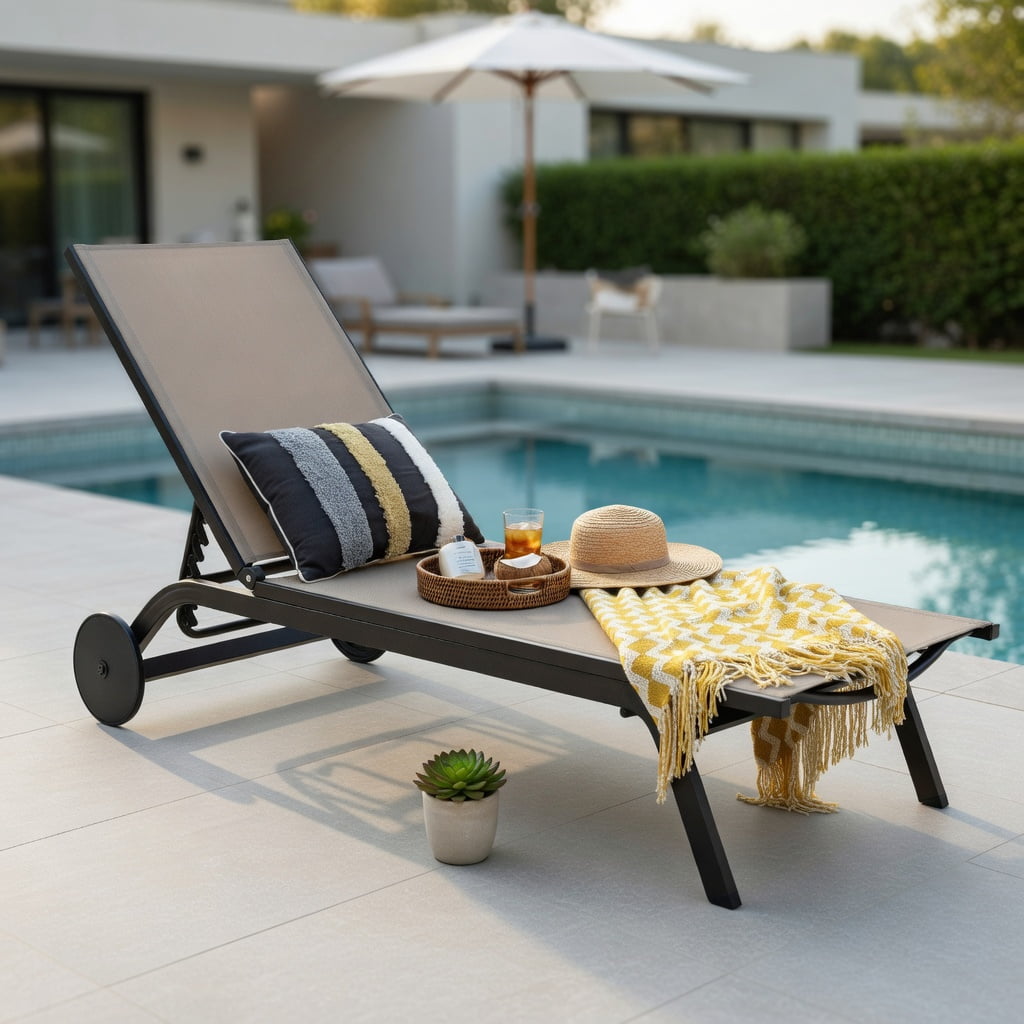 Hommoo Adjustable Aluminum Outdoor Lounge Chair, Breathable Fabric Recliner for Patio, Poolside & Backyard, Brown