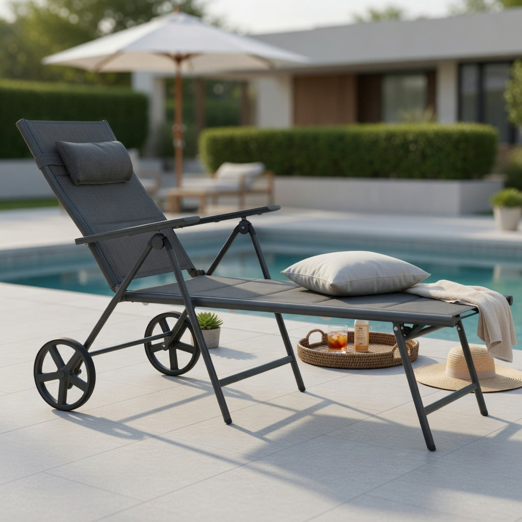 Hommoo Adjustable Aluminum Patio Chaise Lounge Chair with Neck Pillow, 7-Position Reclining, All-Weather Fabric, Rolling Wheels & Foldable Design, Gray