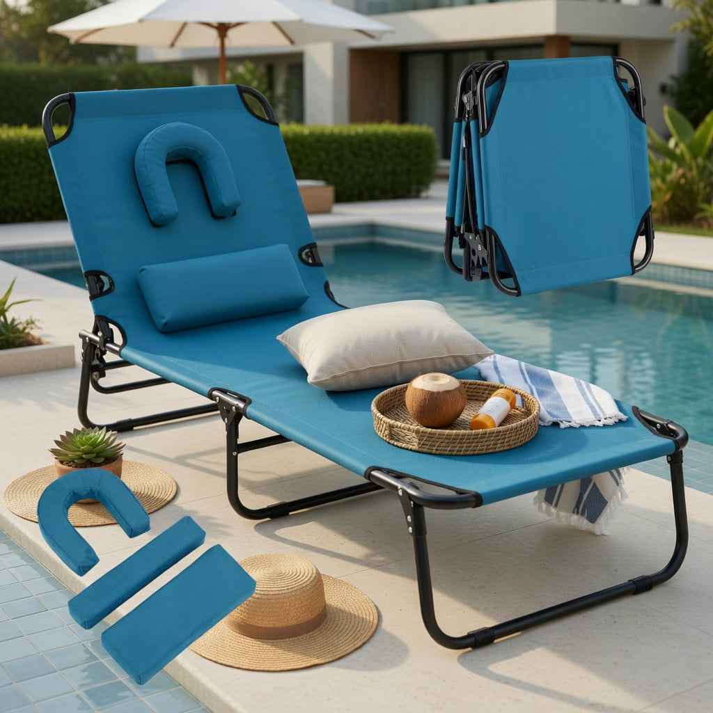 Hommoo Adjustable Beach Chaise Lounge Chair with Face Hole, Removable Pillows & Foldable Design, Blue