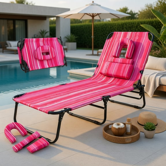 Hommoo Adjustable Beach Chaise Lounge Chair with Face Hole, Removable Pillows & Foldable Design, Blue
