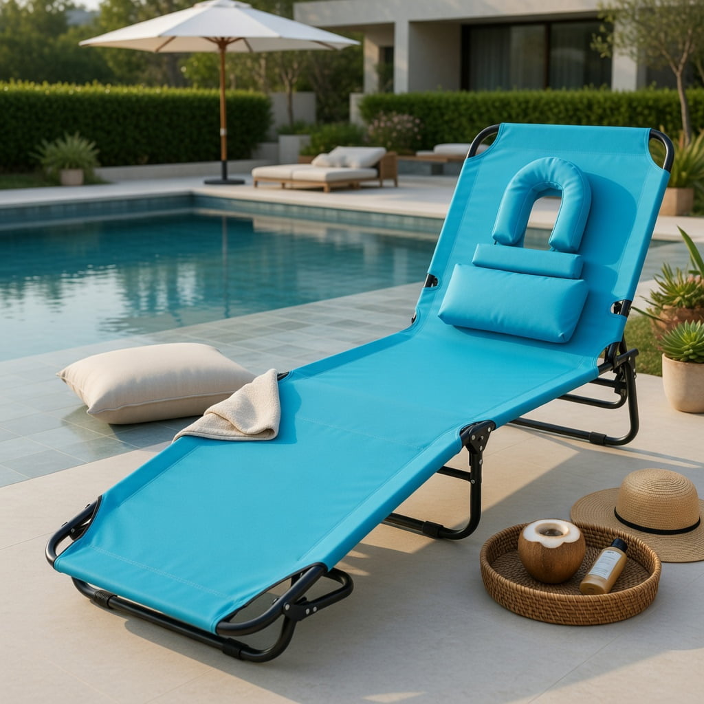 Hommoo Adjustable Beach Chaise Lounge Chair with Face Hole & Removable Pillows, Foldable Lightweight Tanning Lounger for Pool, Beach, Backyard, Navy