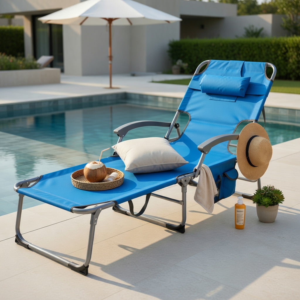 Hommoo Adjustable Folding Beach Lounge Chair with Removable Pillow, Lightweight Aluminum Frame, Portable for Beach, Pool & Patio, Blue
