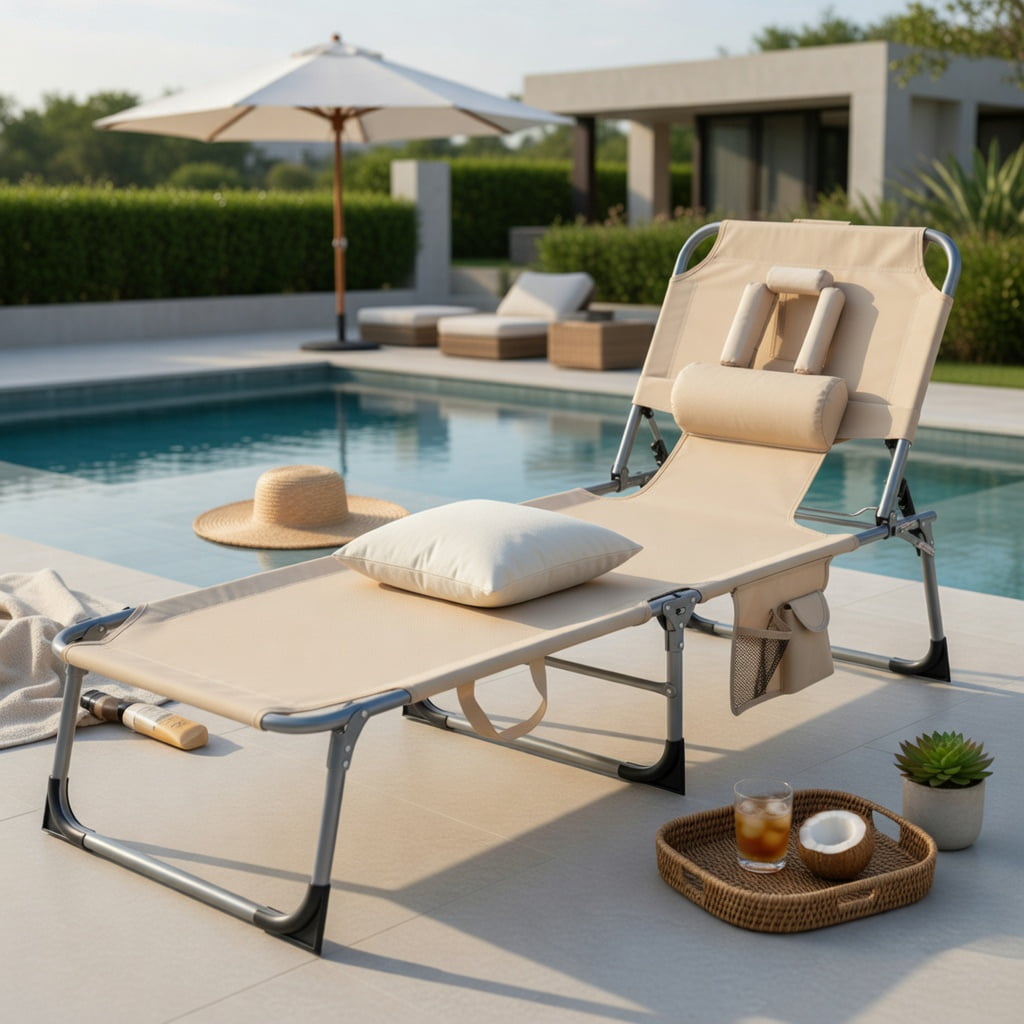 Hommoo Adjustable Folding Beach Lounge Chair with Removable Pillow, Lightweight Aluminum Frame, Portable for Beach, Pool & Patio, Brown