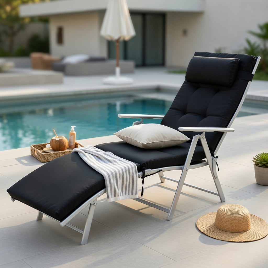 Hommoo Adjustable Folding Chaise Lounge Chair for Outdoor Use, Lightweight Steel Frame, Removable Pillow & Cushion, 7-Position Ergonomic Backrest, Black