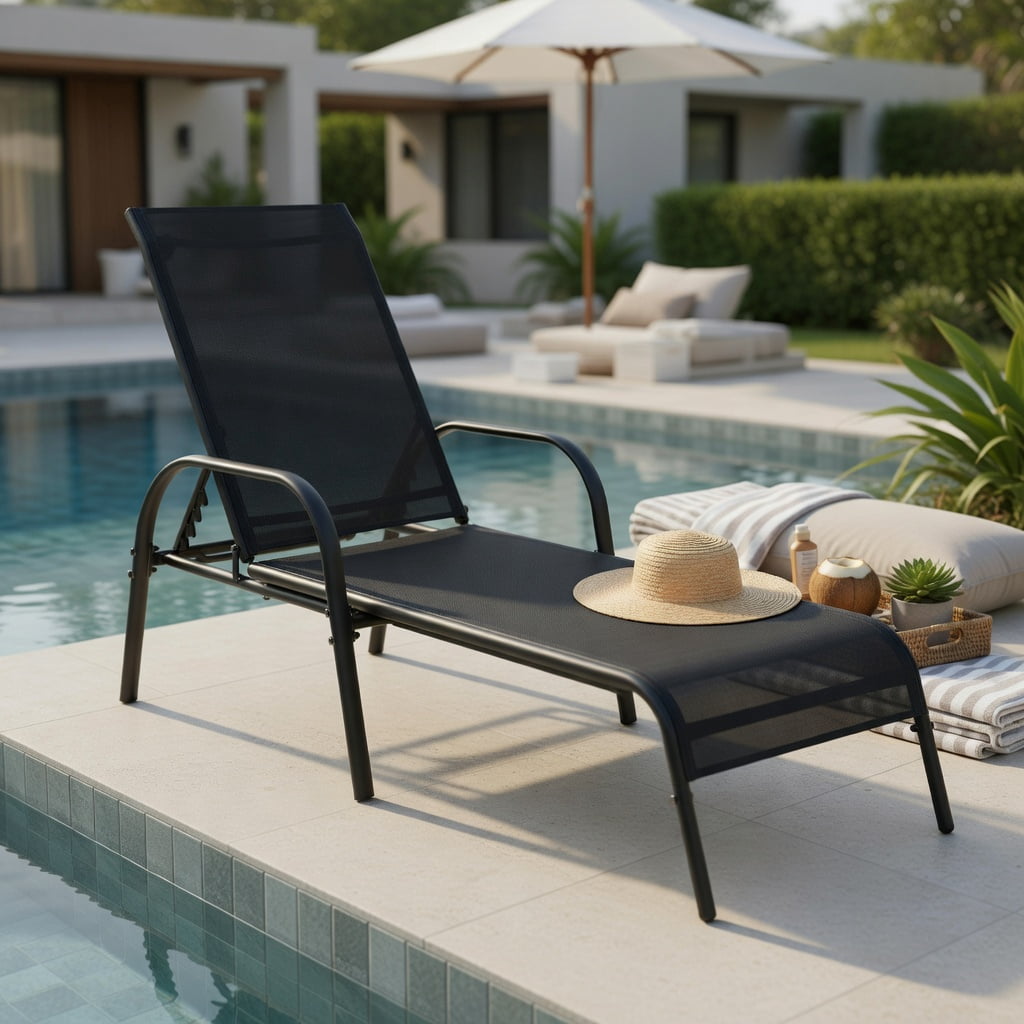 Hommoo Adjustable Folding Patio Chaise Lounge Chair, 5-Position Backrest, Sun-Resistant Fabric & Powder-Coated Steel Frame, Black