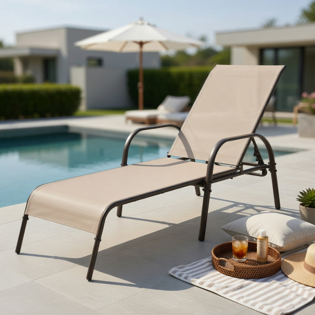 Hommoo Adjustable Folding Patio Chaise Lounge Chair, 5-Position Reclining Backrest, Weather-Resistant Fabric & Powder-Coated Steel Frame, Brown