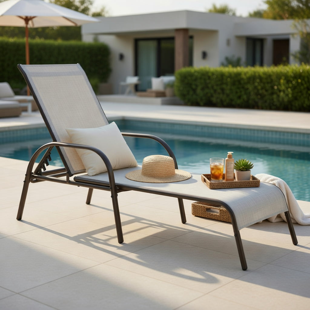 Hommoo Adjustable Folding Patio Chaise Lounge Chair, 5-Position Reclining Backrest, Weather-Resistant Fabric & Powder-Coated Steel Frame, Gray