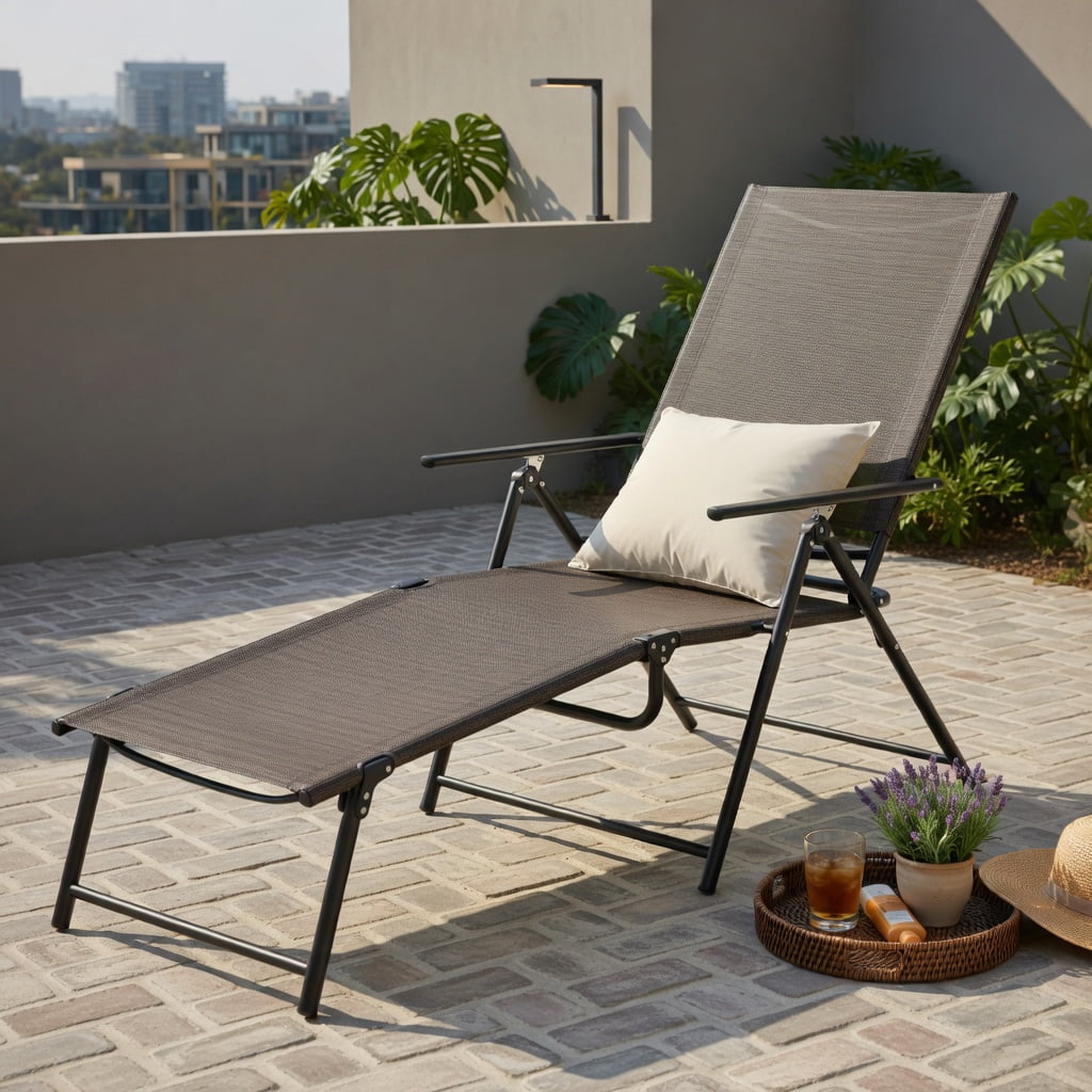 Hommoo Adjustable Folding Patio Chaise Lounge Chair with 6-Position Reclining Backrest, Heavy-Duty Metal Frame, Quick-Dry Fabric, for Poolside, Backyard & Balcony, Coffee