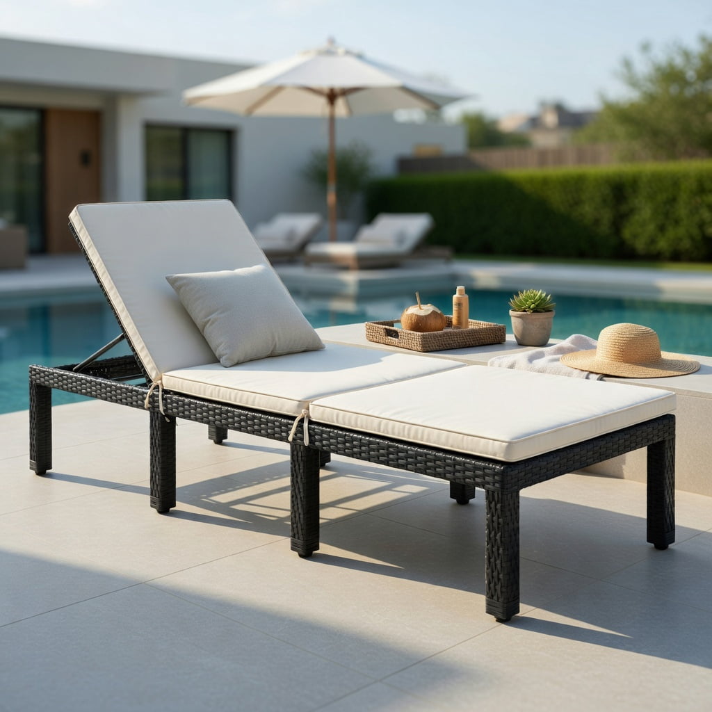 Hommoo Adjustable Height Outdoor Rattan Chaise Lounge Chair with Thick Cushion, PE Wicker Patio Lounger for Poolside, Garden, Porch, White