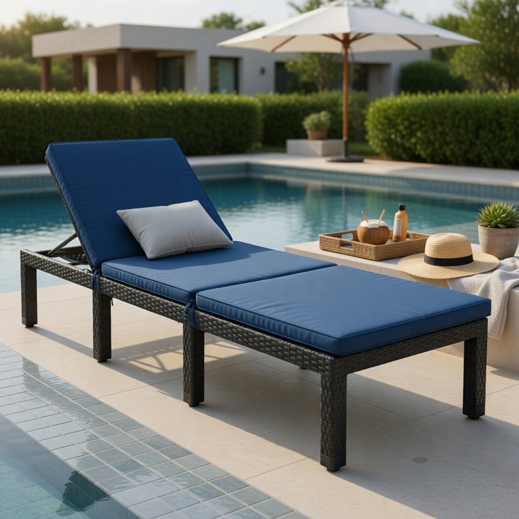 Hommoo Adjustable Height Outdoor Rattan Lounge Chair with Cushion, PE Wicker Patio Chair for Poolside, Garden & Porch, Navy & Off-White