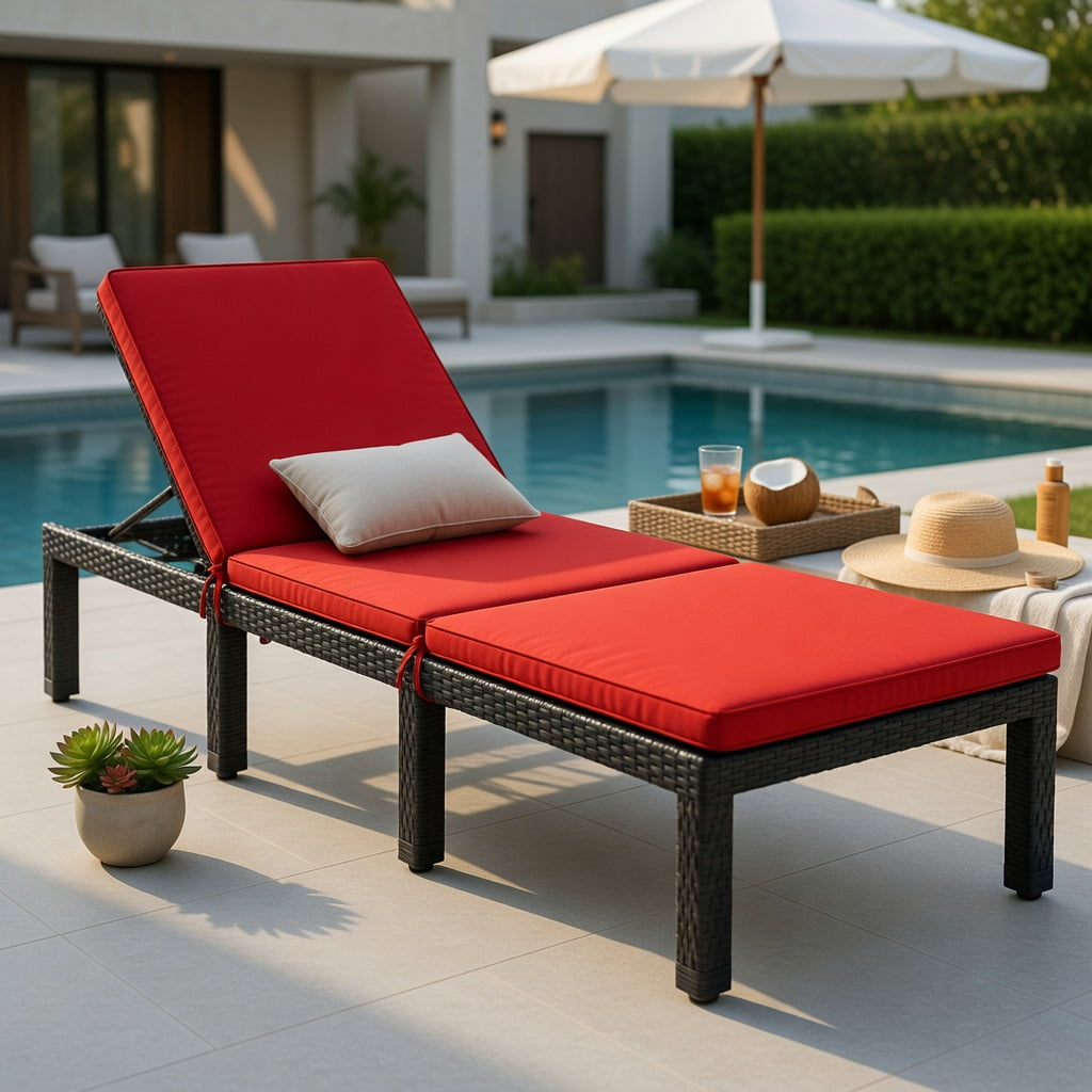 Hommoo Adjustable Height Outdoor Rattan Lounge Chair with Cushion, PE Wicker Patio Chair for Poolside, Garden, Porch, Red & Off-White
