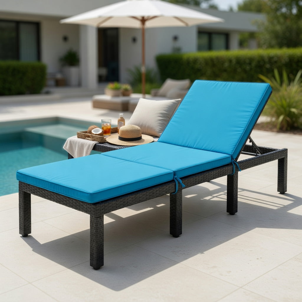 Hommoo Adjustable Height Outdoor Rattan Lounge Chair with Cushion, PE Wicker Patio Chair for Poolside, Garden, Porch, Turquoise