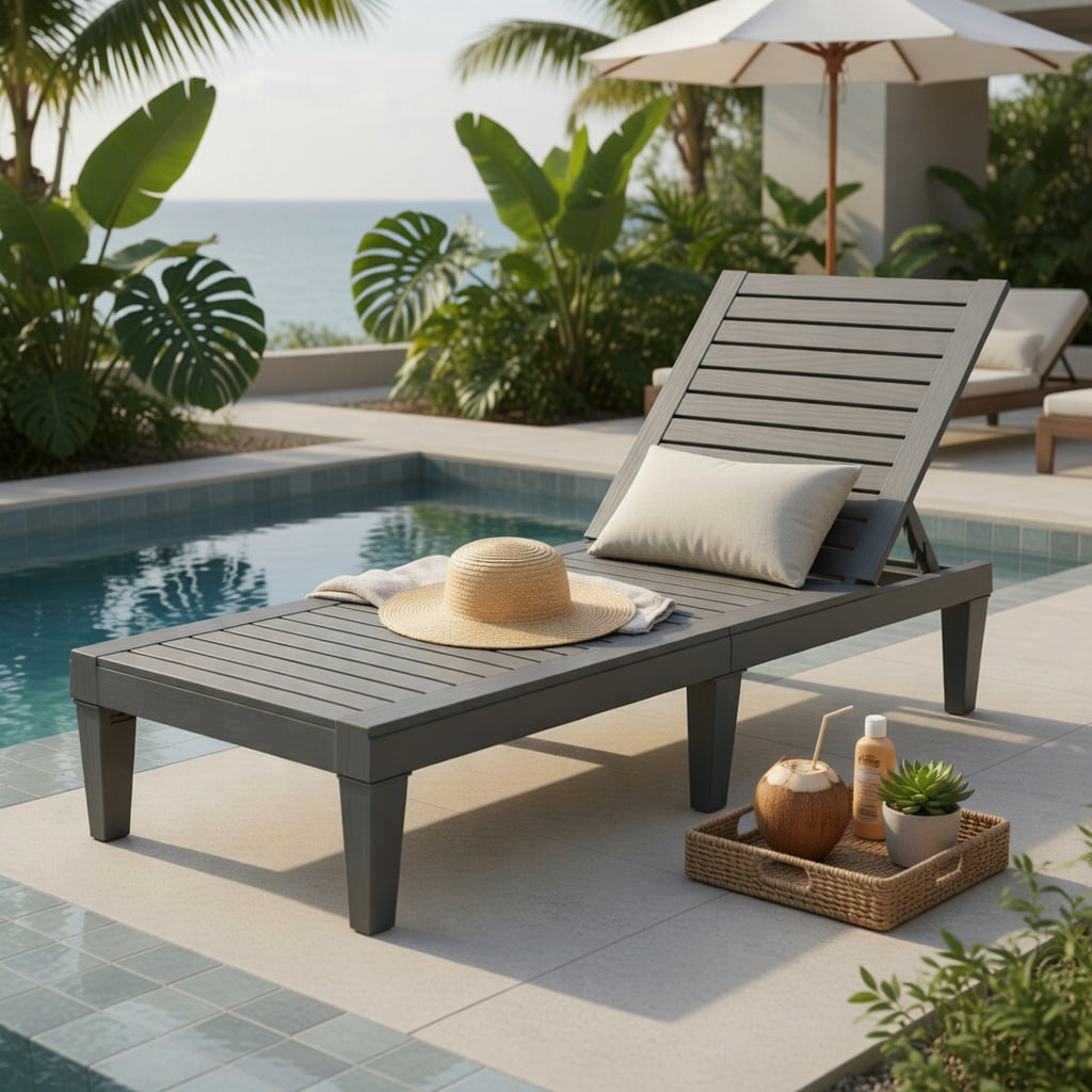 Hommoo Adjustable Outdoor Chaise Lounge Chair, 5-Position Reclining Backrest, Lightweight PP Frame, Gray