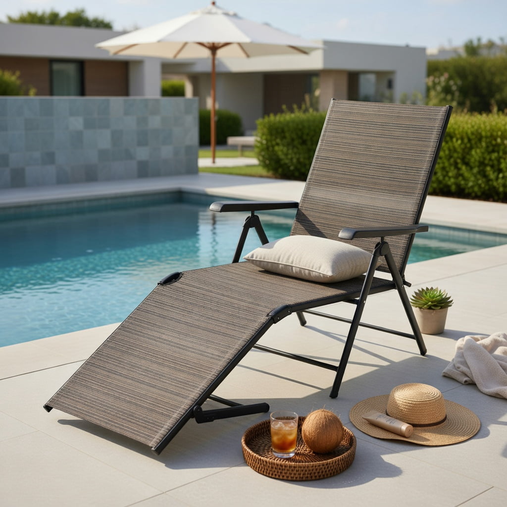 Hommoo Adjustable Outdoor Chaise Lounge Chair, 5-Position Reclining Steel Frame Patio Lounger with Textilene Seat, Tan