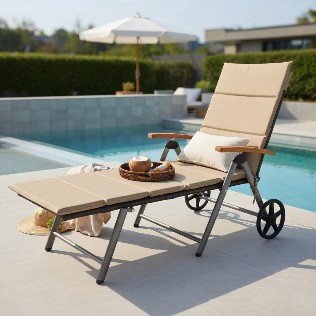 Hommoo Adjustable Outdoor Chaise Lounge Chair with PE Rattan & Aluminum Frame, Reclining Patio Lounger with Wheels, 7-Position Backrest, Waterproof Cushion, Brown