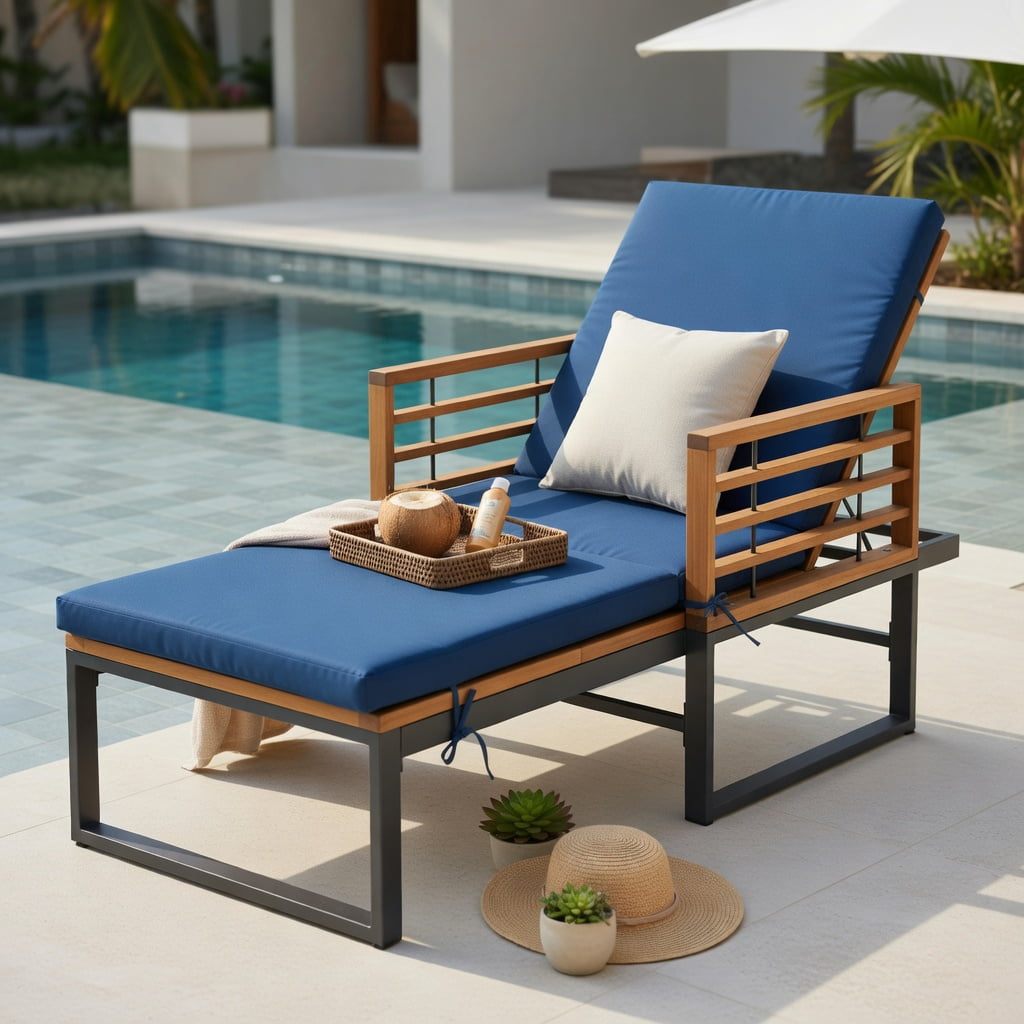 Hommoo Adjustable Outdoor Chaise Lounge Chair with Removable Cushion, Sturdy Acacia Wood & Metal Frame, 4-Position Reclining Backrest for Poolside, Patio, Backyard, Navy