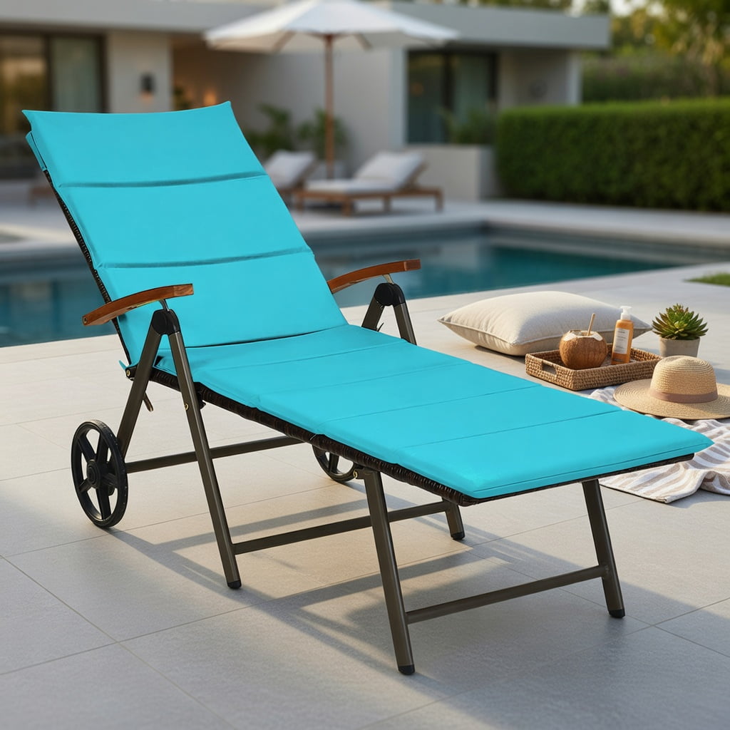 Hommoo Adjustable Outdoor Chaise Lounge Chair with PE Rattan & Cushion, Foldable, Wheeled, Turquoise