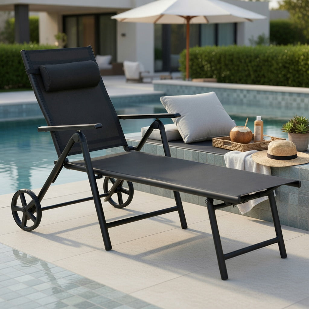 Hommoo Adjustable Outdoor Lounge Chair with Wheels, Aluminum Patio Recliner with Neck Pillow & 7-Position Backrest for Backyard, Poolside & Deck, Gray