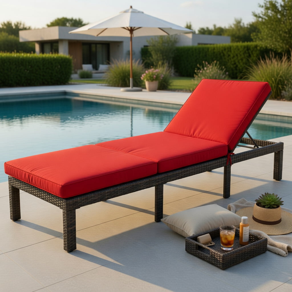 Hommoo Adjustable Outdoor Rattan Chaise Lounge Chair with Removable Cushion & PE Rattan, Perfect for Patio, Poolside & Garden, Red