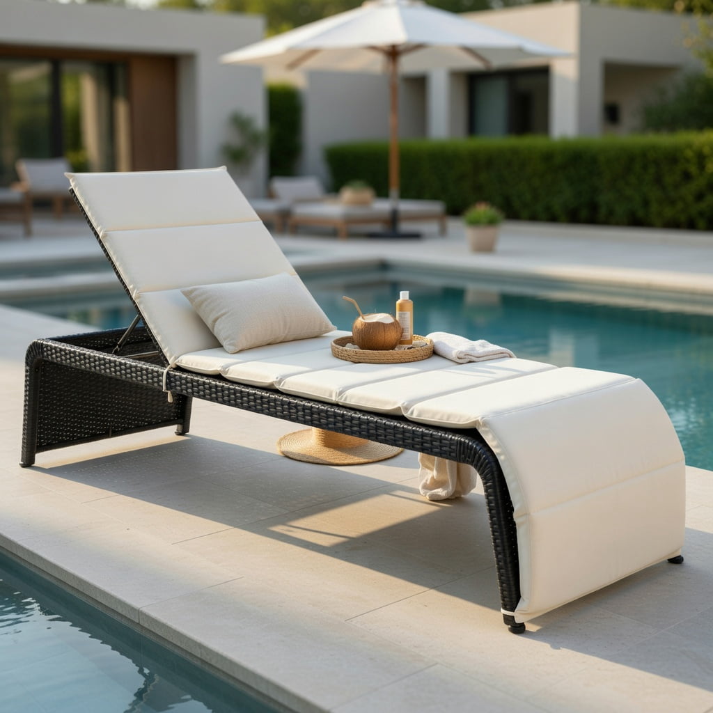 Hommoo Adjustable Outdoor Rattan Chaise Lounge Chair with Thick Cushion, PE Wicker Recliner for Patio, Pool, Balcony & Garden, White