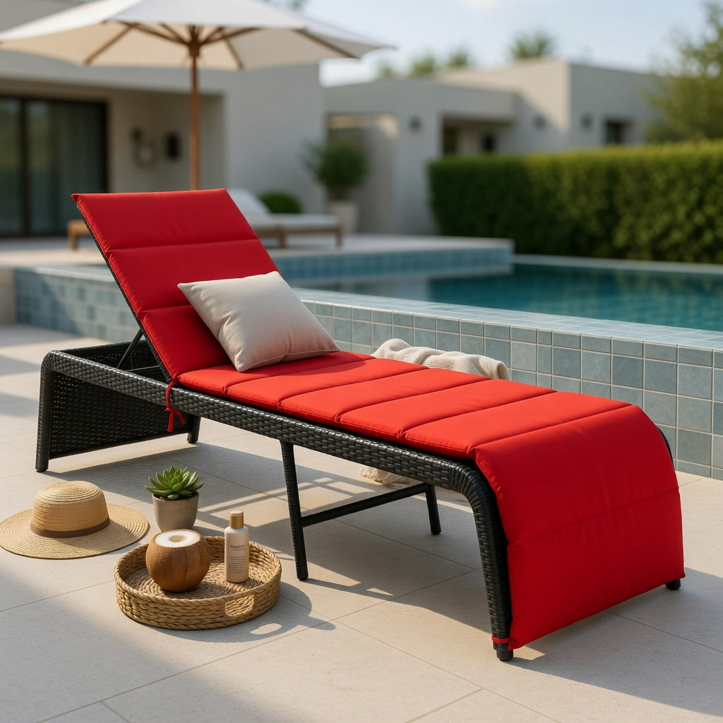 Hommoo Adjustable Outdoor Rattan Chaise Lounge Chair with Thick Cushion, PE Wicker Recliner for Patio, Pool & Garden, Red