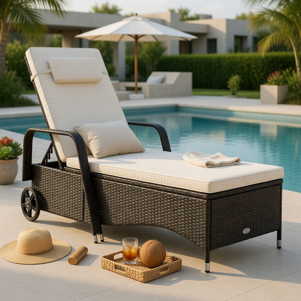 Hommoo Adjustable Outdoor Reclining Chaise Lounge Chair with Cushioned Seat, PE Rattan & Steel Frame, for Pool, Patio, Garden & Balcony, White