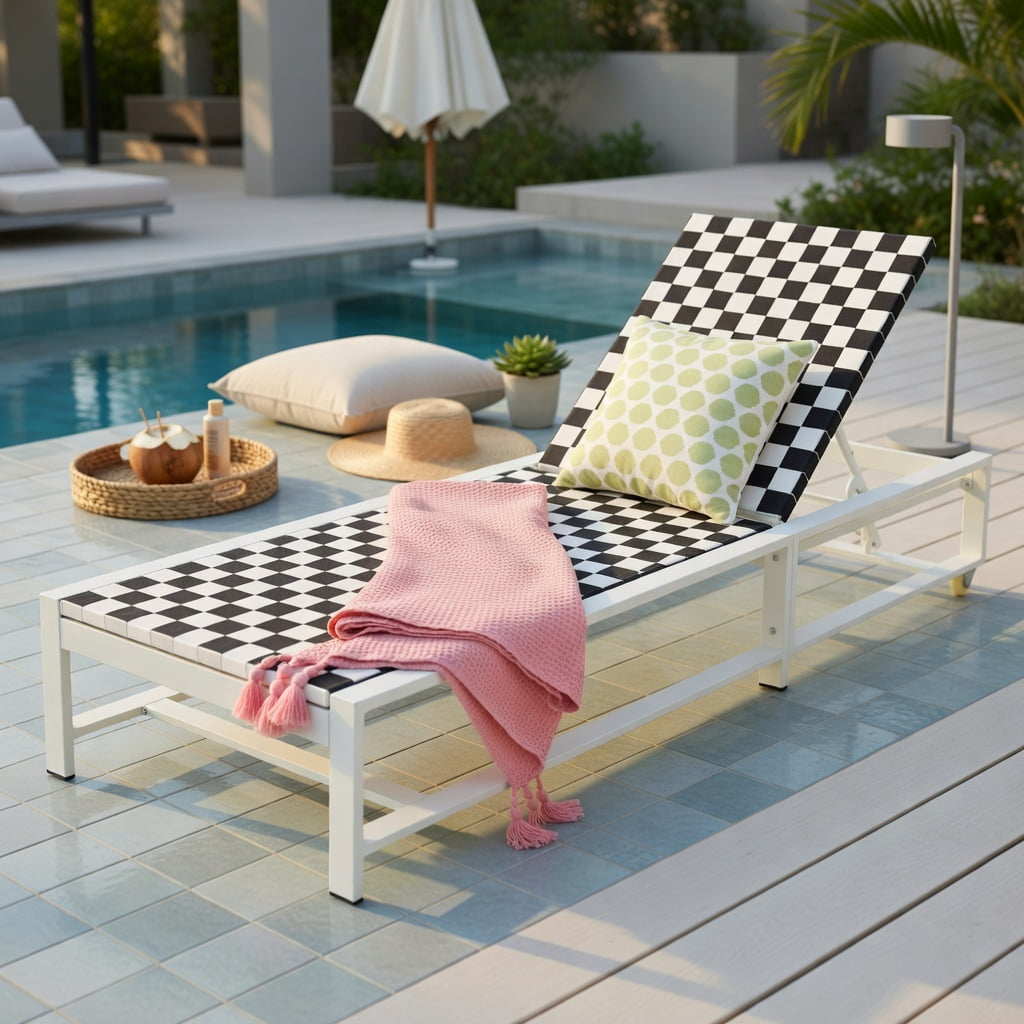 Hommoo Adjustable Outdoor Reclining Chaise Lounge Chair with Wheels, Steel Frame Patio Lounger for Deck, Backyard, Poolside, Black & White