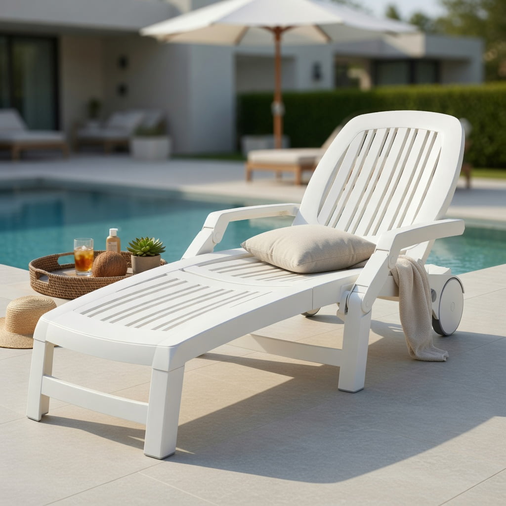 Hommoo Adjustable Outdoor Sun Lounger with All-Terrain Wheels, Weather-Resistant PP Recliner for Patio, Poolside & Backyard, White