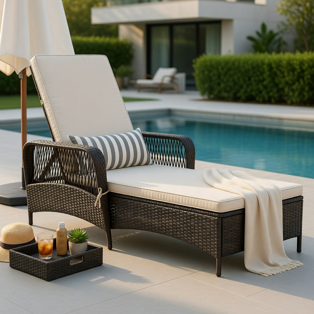 Hommoo Adjustable Outdoor Wicker Chaise Lounge Chair with Weather-Resistant PE Rattan, Cushion & Lumbar Pillow, Patio Recliner for Poolside, Balcony & Garden, Brown