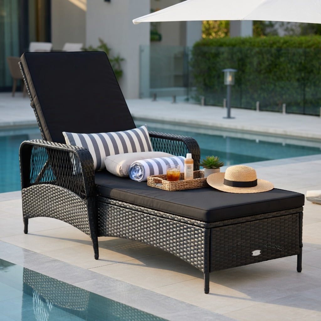 Hommoo Adjustable Outdoor Wicker Chaise Lounge Chair with Weather-Resistant Cushion & Lumbar Pillow, Steel Frame, Black