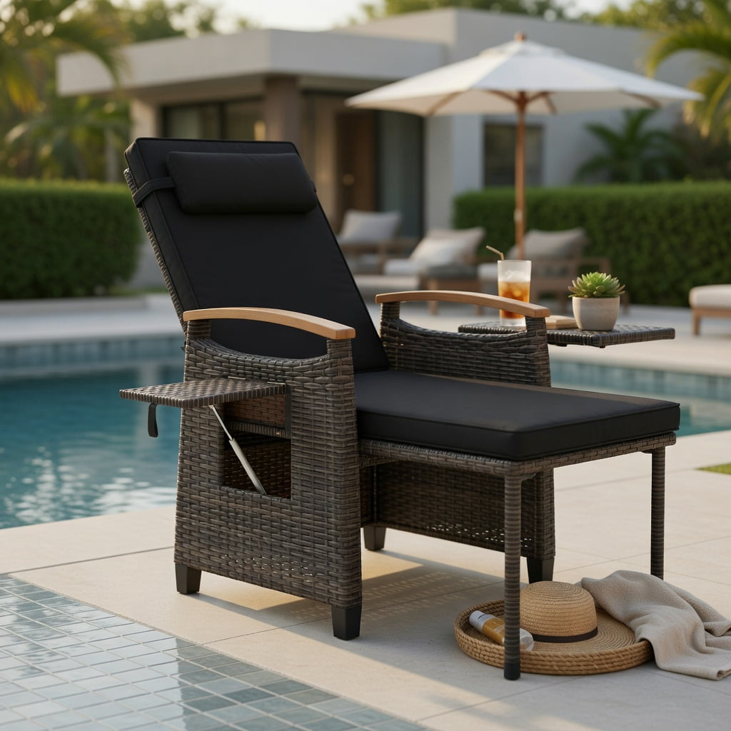 Hommoo Adjustable Outdoor Wicker Recliner Chair with Footrest & Removable Cushions, PE Rattan, Acacia Wood Frame, Black