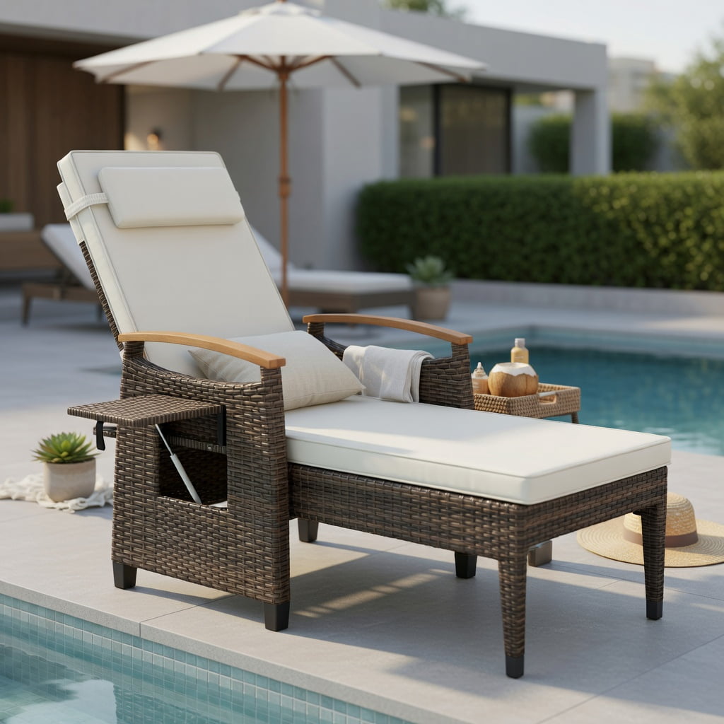 Hommoo Adjustable Outdoor Wicker Recliner Chair with Footrest & Removable Cushions, PE Rattan Patio Seating for Backyard, Porch, Balcony, White
