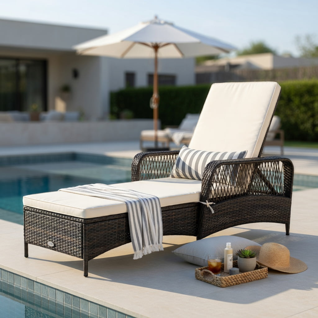 Hommoo Adjustable PE Rattan Chaise Lounge Chair with Cushion & Lumbar Pillow, Outdoor Patio Recliner for Poolside, Balcony, Lawn, Off White