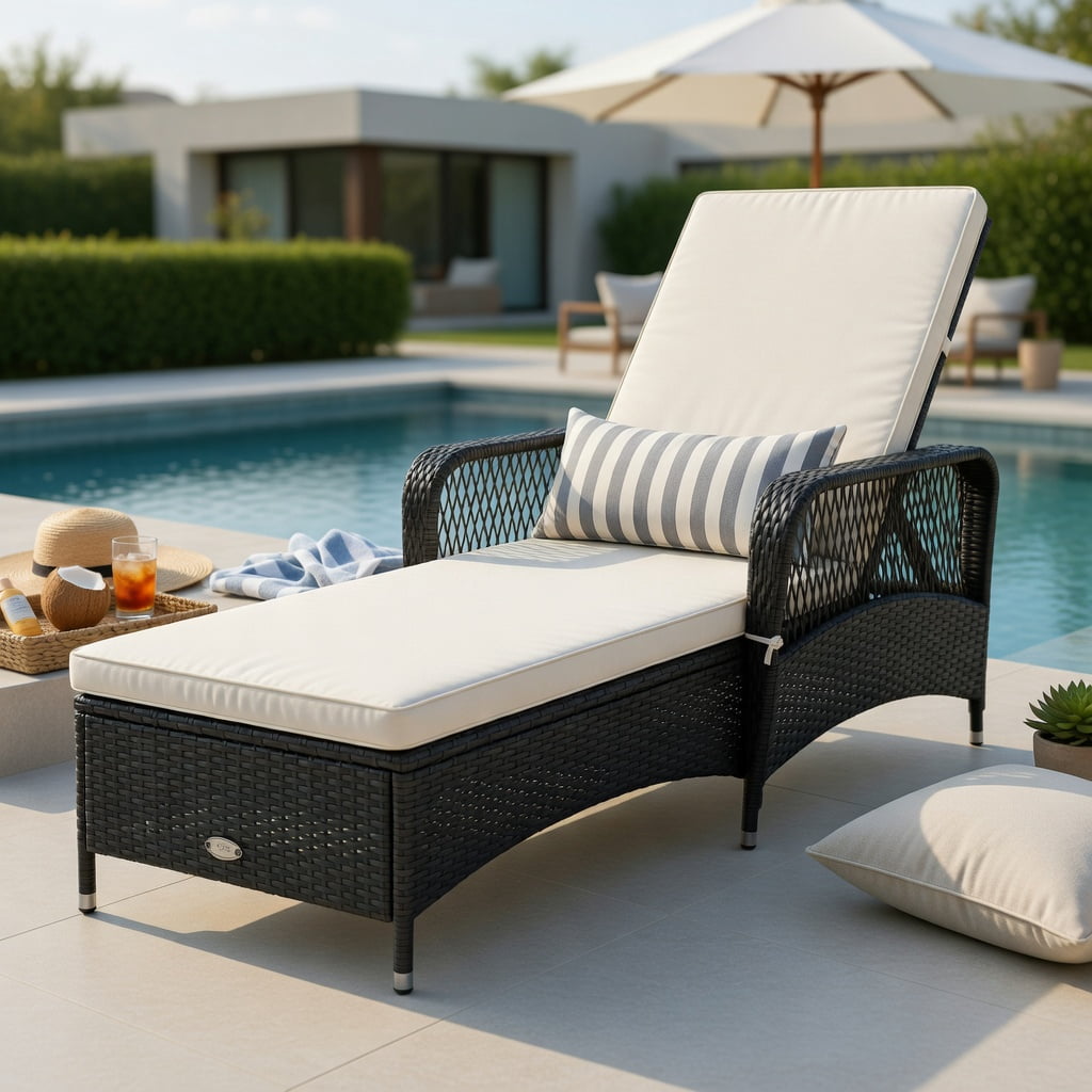 Hommoo Adjustable PE Wicker Chaise Lounge Chair with Lumbar Pillow, Outdoor Patio Recliner, Weather-Resistant Steel Frame, Off-White