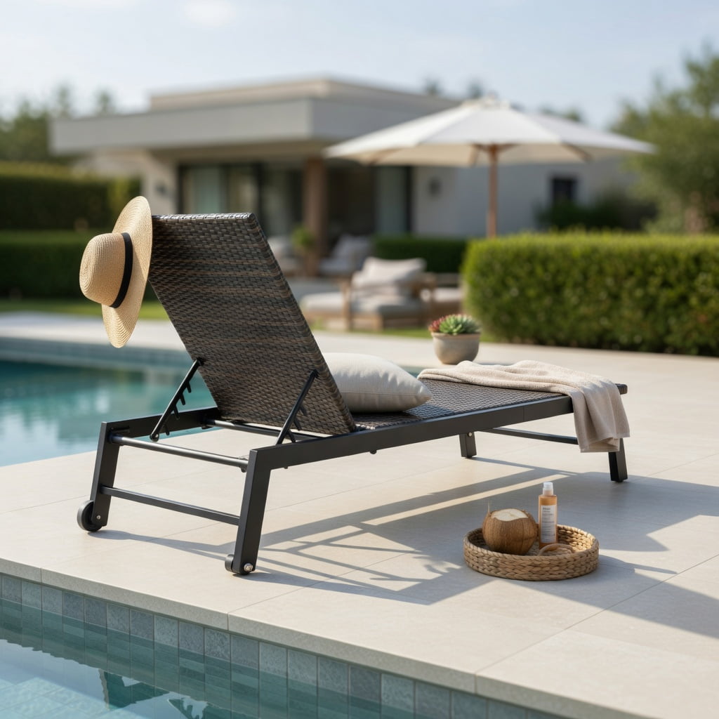 Hommoo Adjustable PE Wicker Chaise Lounge Chair with Wheels， Heavy-Duty 400 lb Capacity for Poolside, Patio, Backyard & Deck, Brown