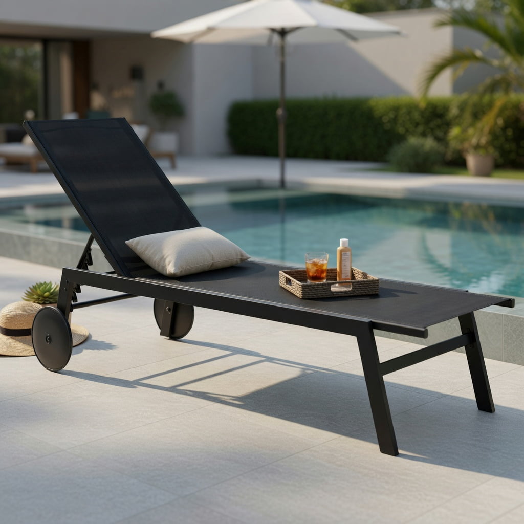 Hommoo Adjustable Patio Chaise Lounge Chair with 6-Position Backrest, Smooth-Rolling Wheels & Breathable Fabric, Metal Outdoor Recliner for Poolside, Deck & Backyard, Black