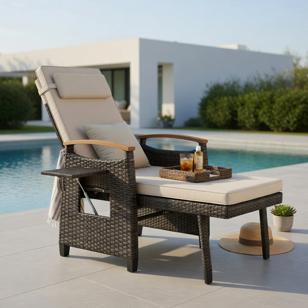 Hommoo Adjustable Wicker Recliner Chair with Footrest & Side Table, PE Rattan Outdoor Patio Lounge Chair, Brown