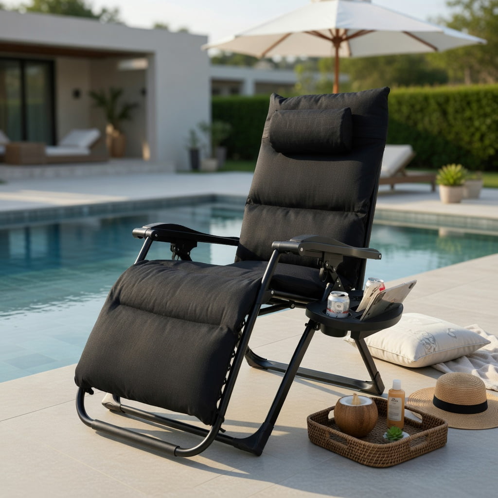 Hommoo Adjustable Zero Gravity Lounge Chair, Heavy-Duty Metal Frame, Removable Washable Cushion, Built-in Cup Holder Tray, Foldable for Indoor & Outdoor Use, Black