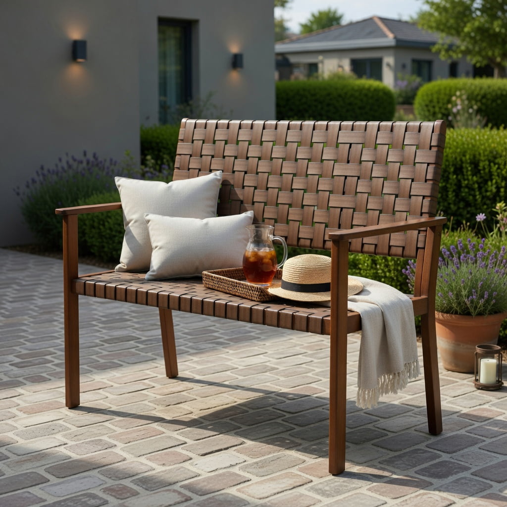 Hommoo All-Weather Outdoor Bench, Hand-Woven PU Leather Seat, Solid Rubber Wood Frame, Natural
