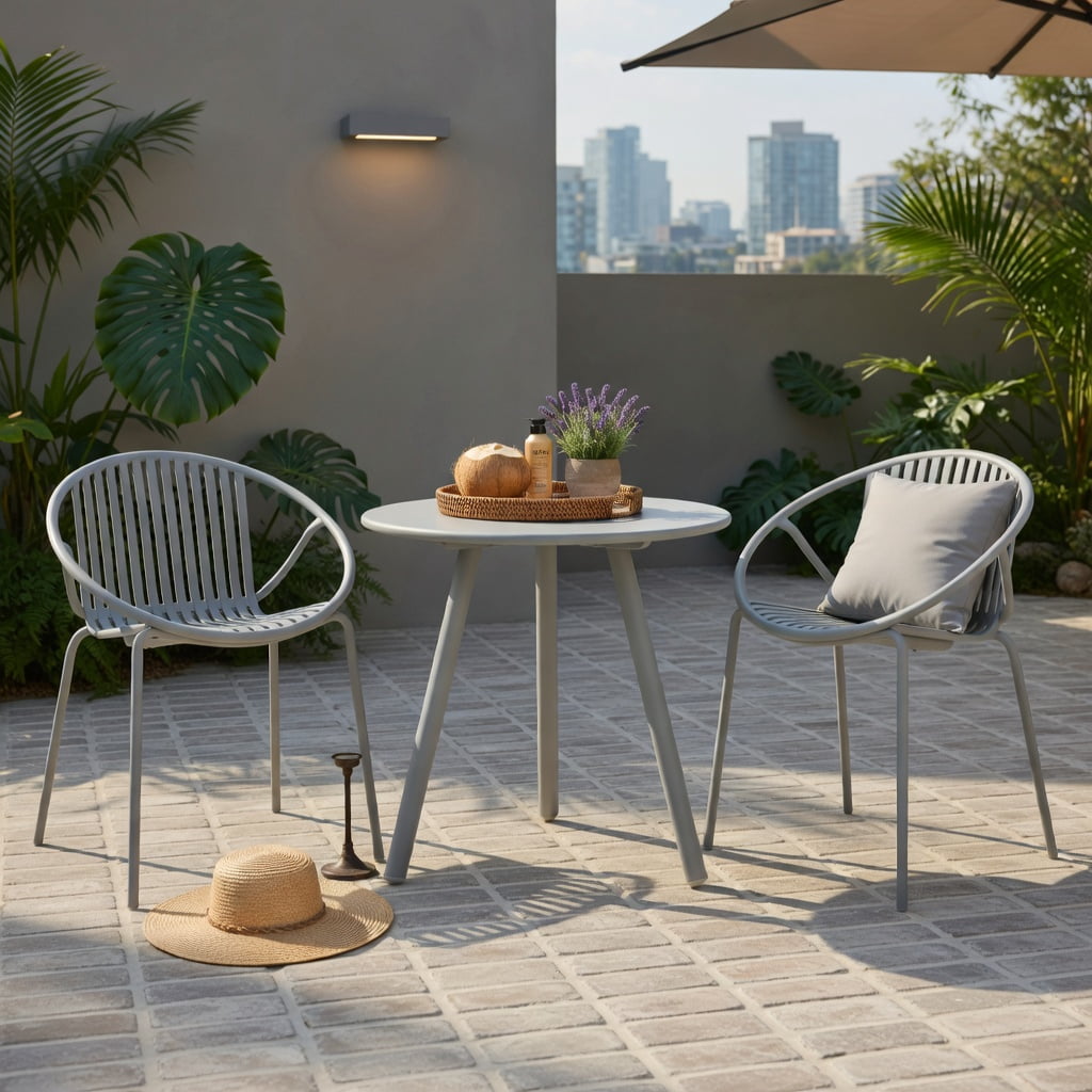 Hommoo All-Weather Outdoor Patio Conversation Set, 2 Ergonomic PP Chairs + Round Coffee Table, Heavy-Duty Metal Frame, Waterproof & UV-Resistant for Backyard, Poolside, Living Room, Gray