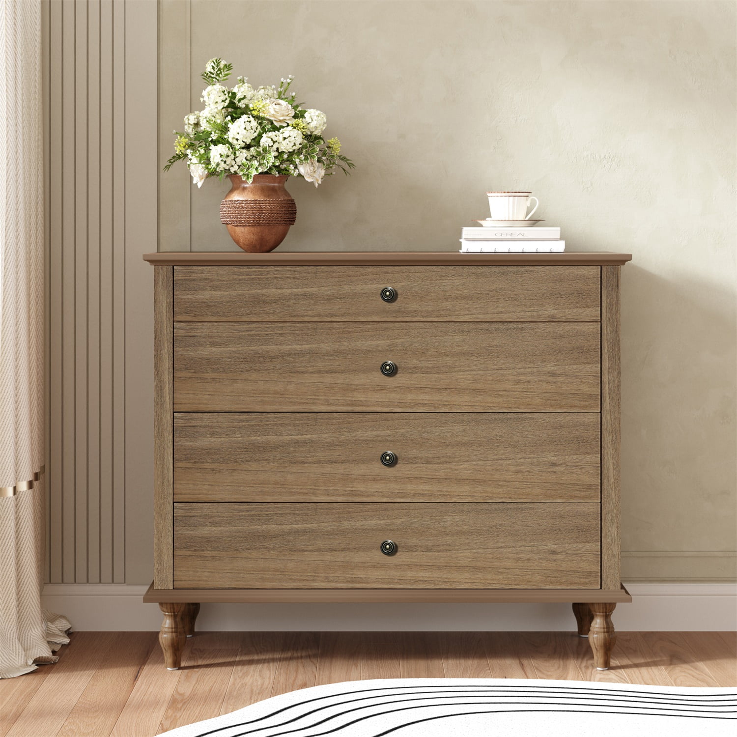 Hommoo Antique-Style 4-Drawer Dresser with Solid Wood Feet, Large Bedroom/Nursery Chest with Anti-Tip Kit, Metal Knobs & Ball-Bearing Slides, Light Brown